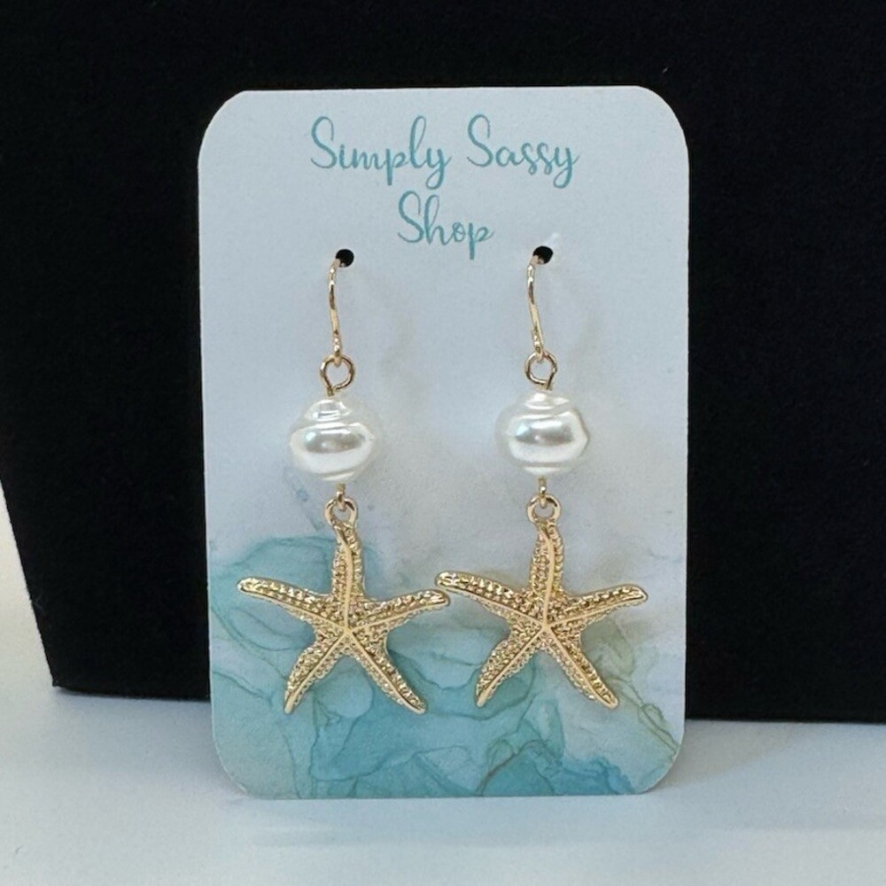 Gold Tone Starfish Pearl Drop Earrings Coastal Beach Nautical Dangle